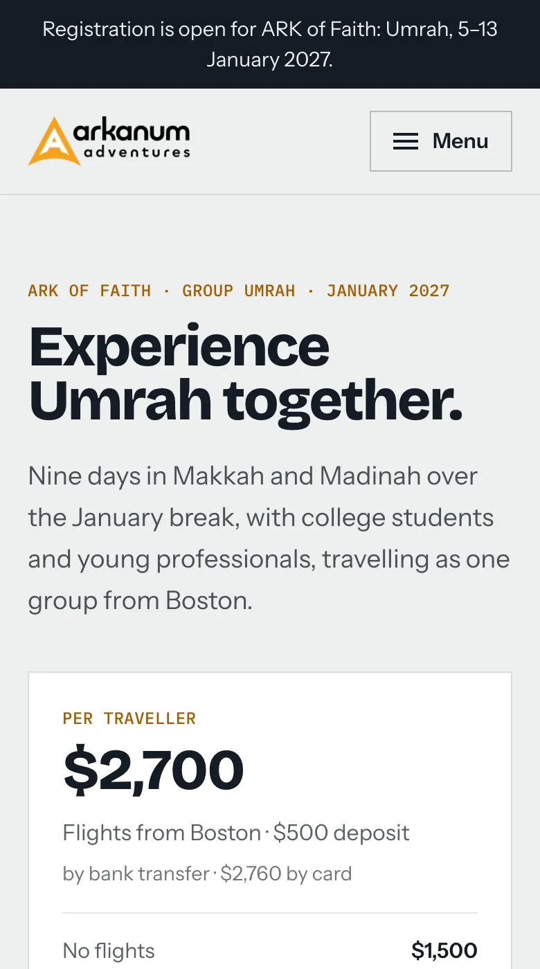 Arkanum Adventures' booking page for a group Umrah trip